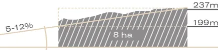 A Holdvölgy dűlő szintrajza: 199–237 m, 5–12% lejtés, 8 ha